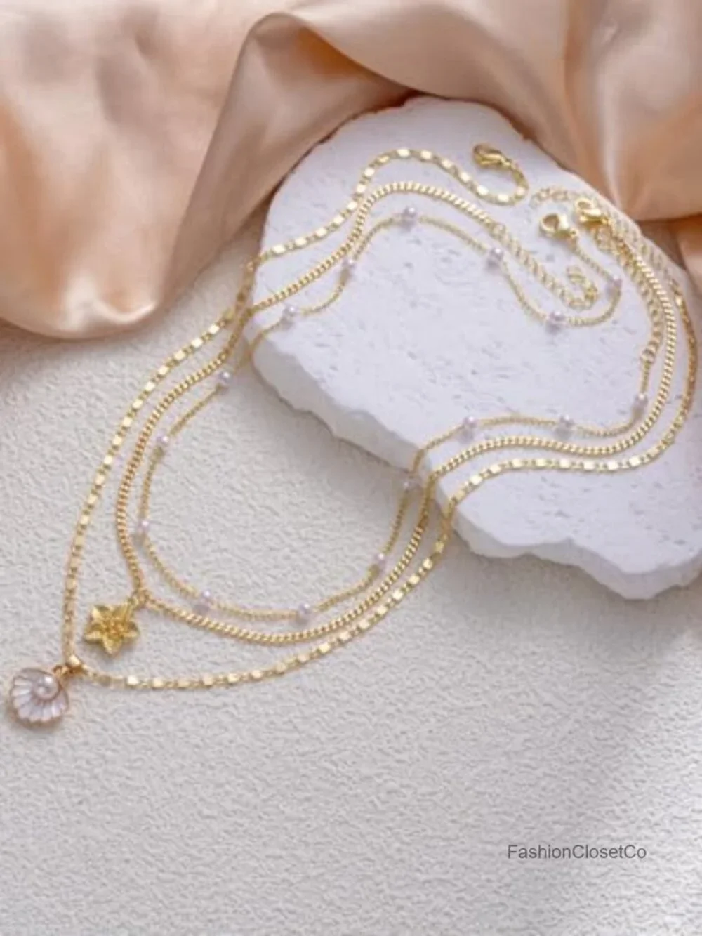 14K Gold Plated Seashell & Pearl Layered Necklace Set for Women, Dainty Stacked